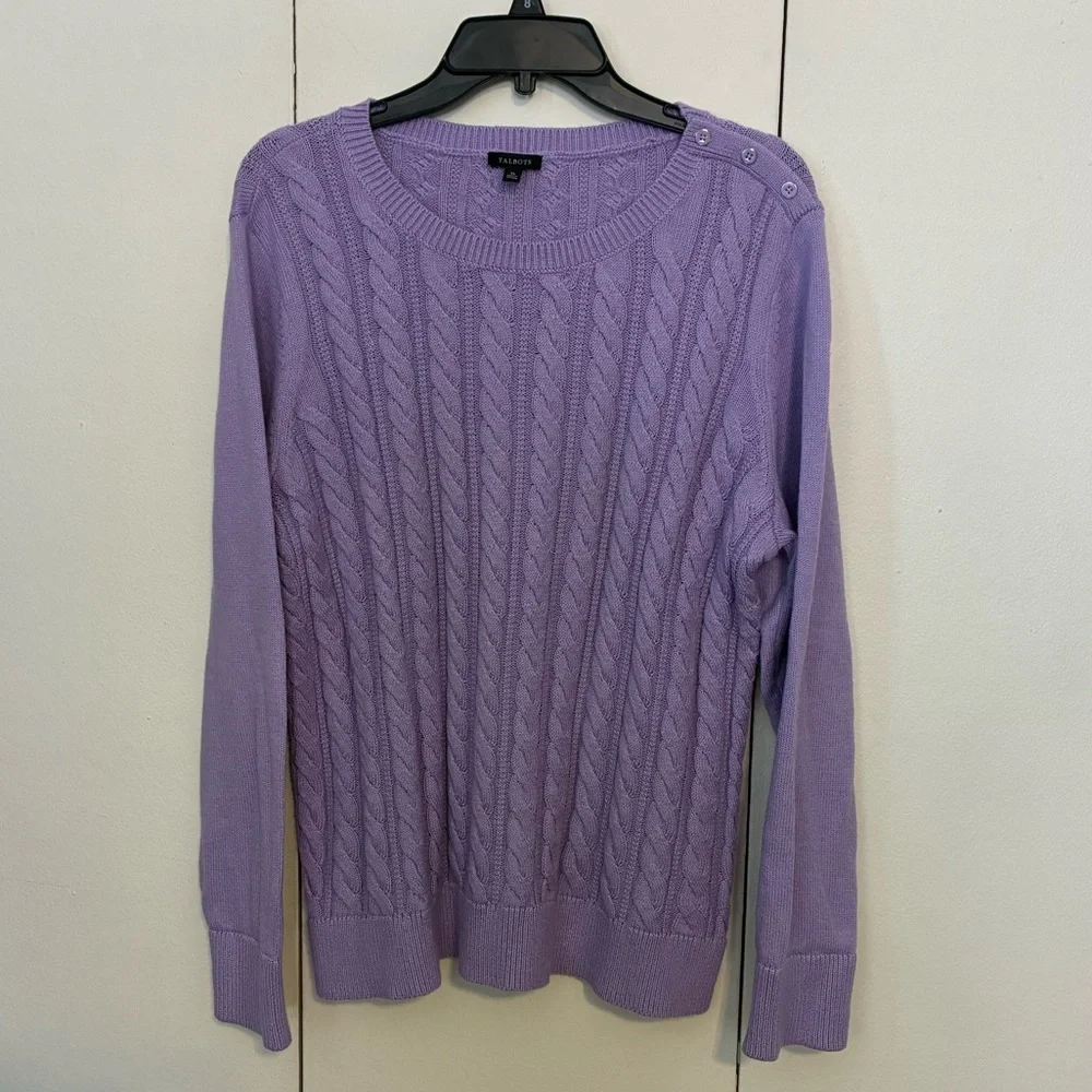 Talbots Lavender Cotton Cable Knit Crewneck Sweater - Picture 2 of 7